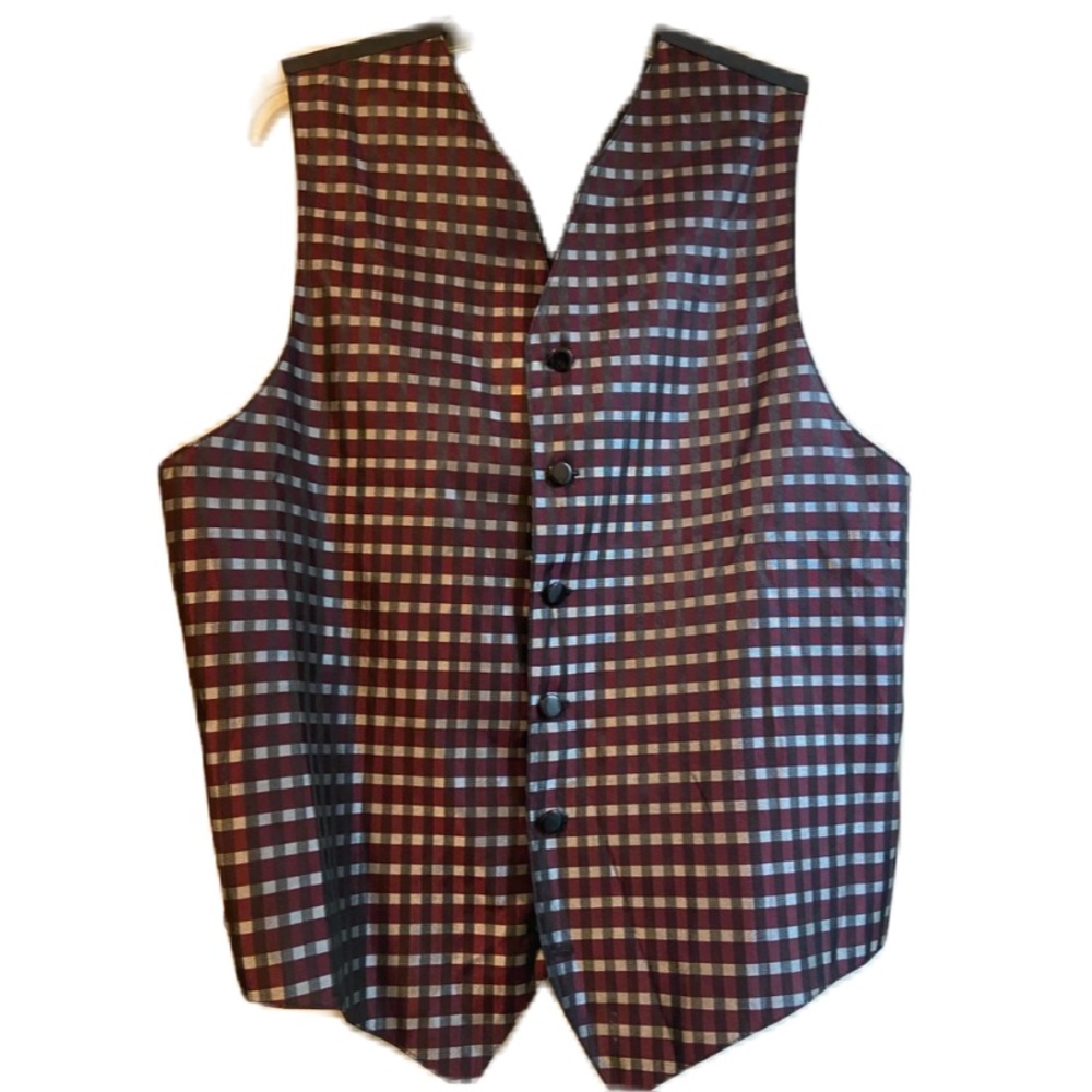 Vintage Men's Burgundy and Silver and Black Plaid Dress Vest